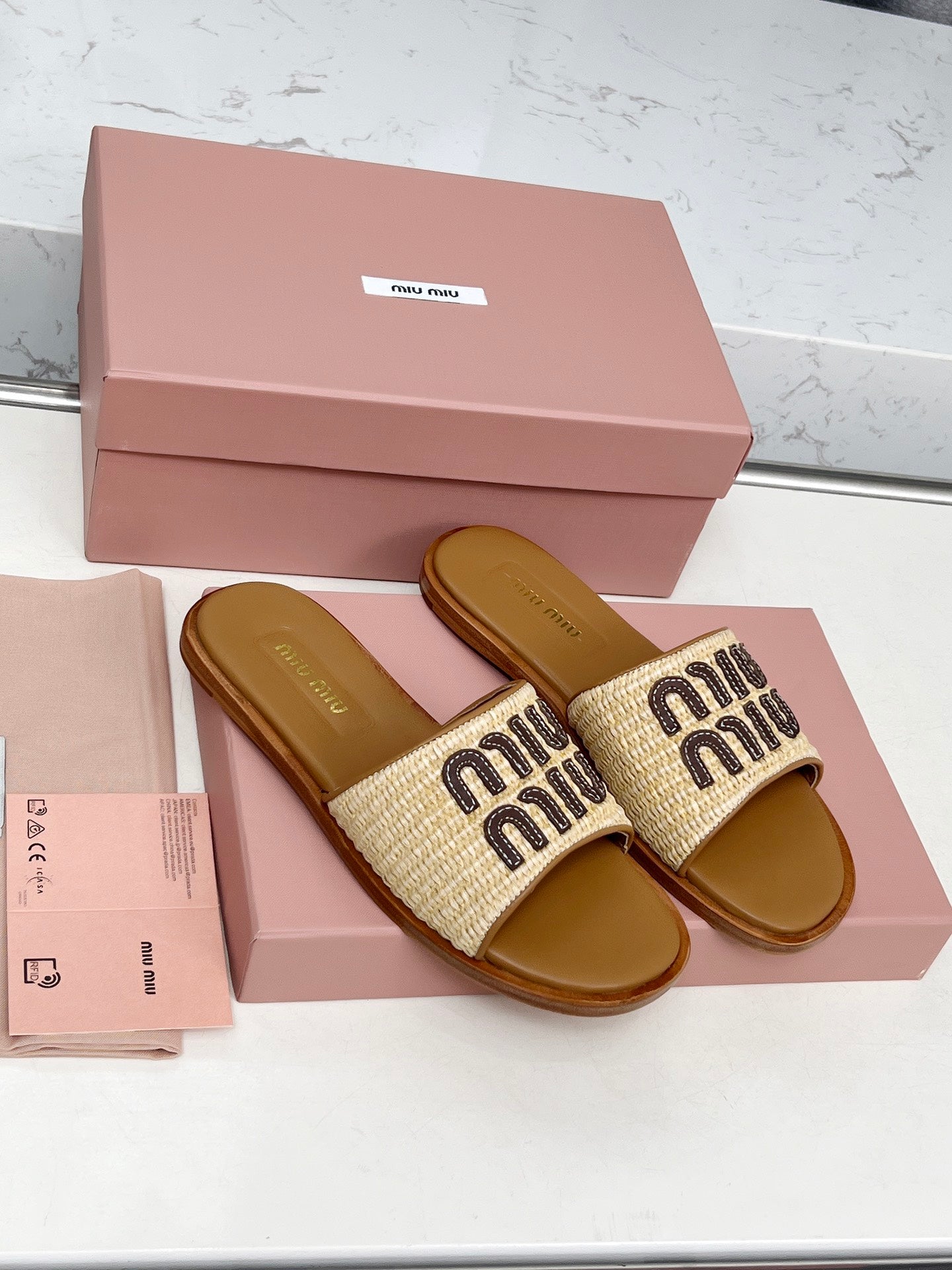 Miu Logo-Patch Slides Beige Brown Leather Raffia 935778