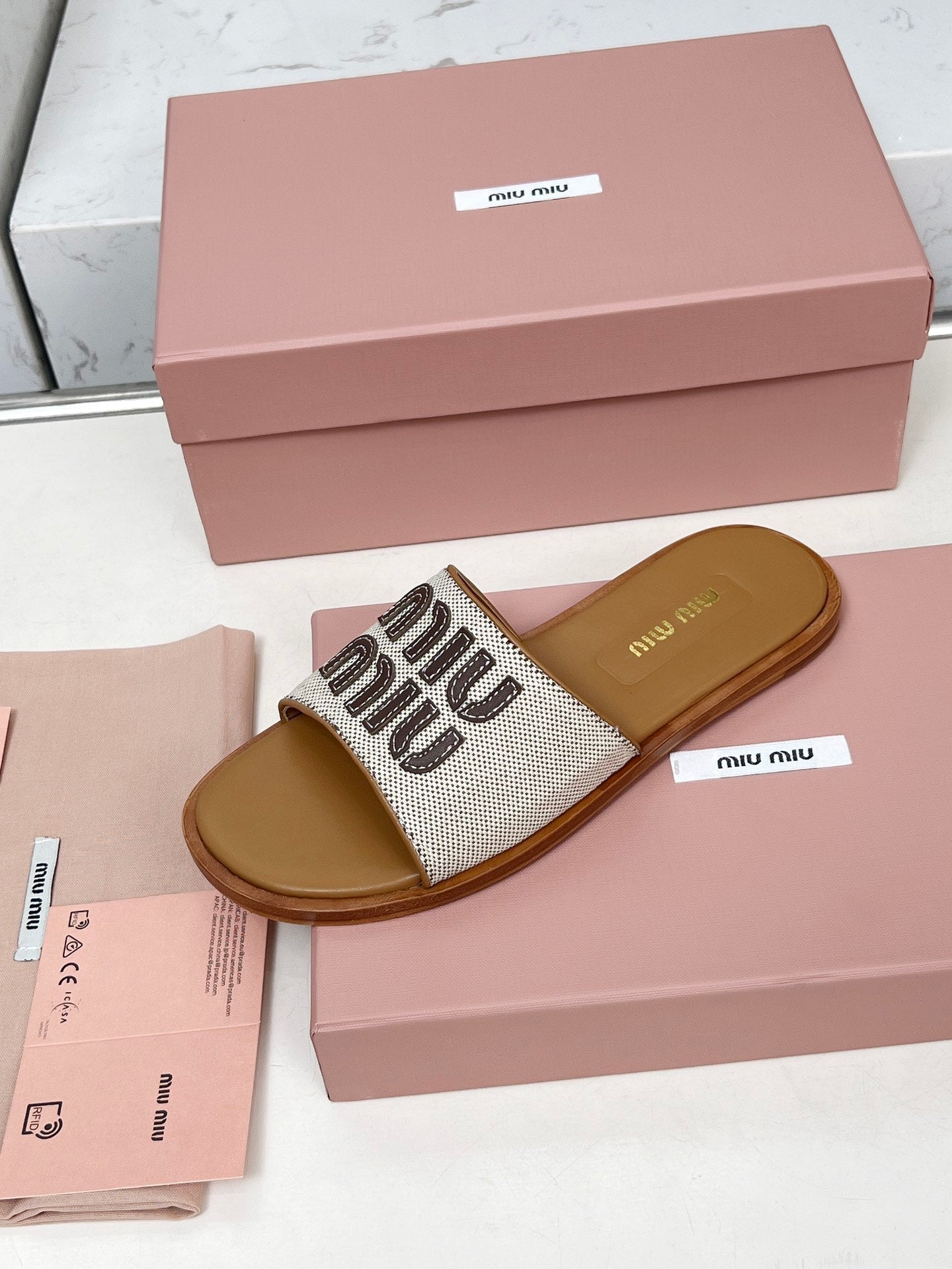 Miu Logo-Patch Slides Brown White Leather Canvas 935775