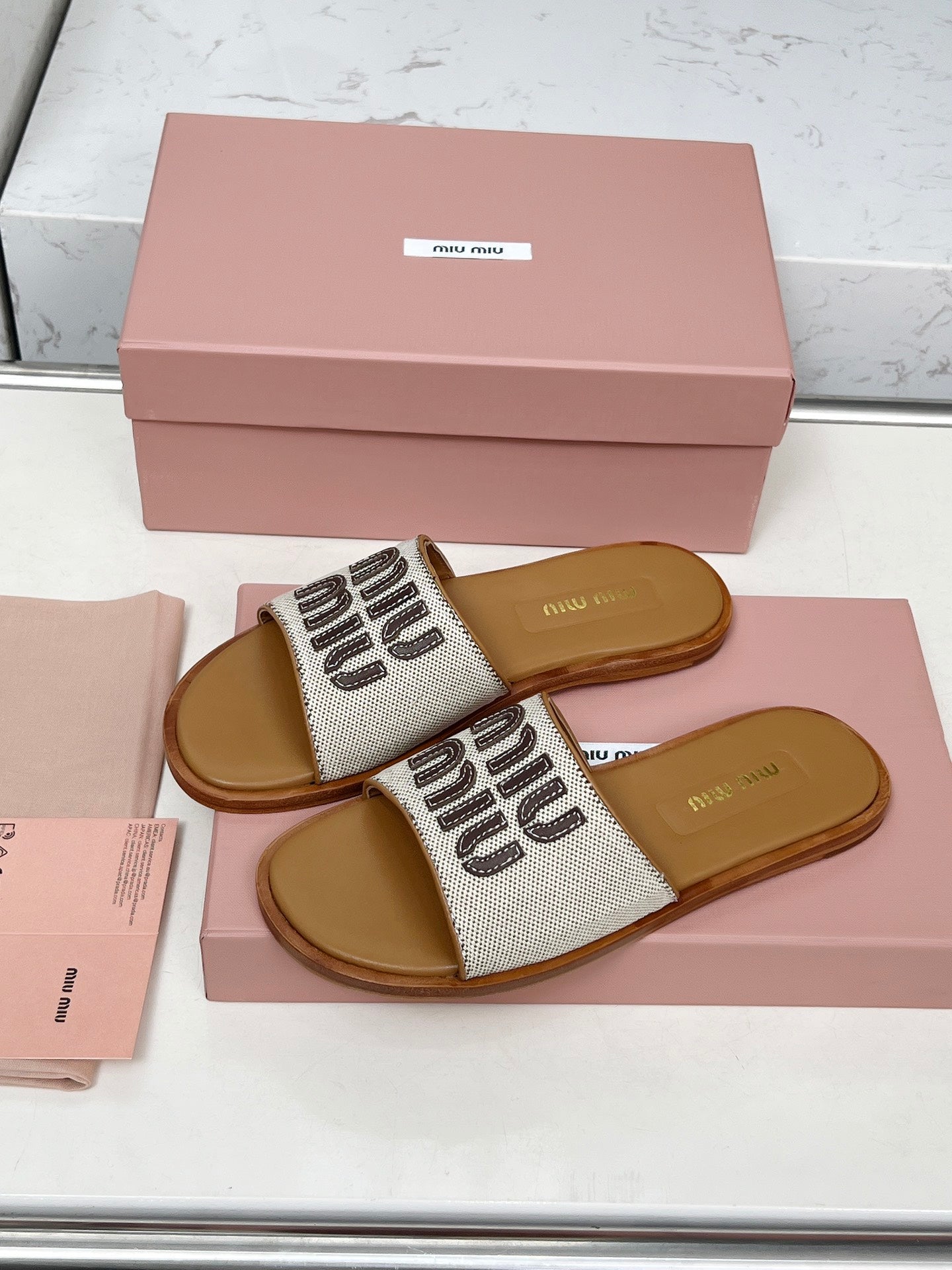 Miu Logo-Patch Slides Brown White Leather Canvas 935775