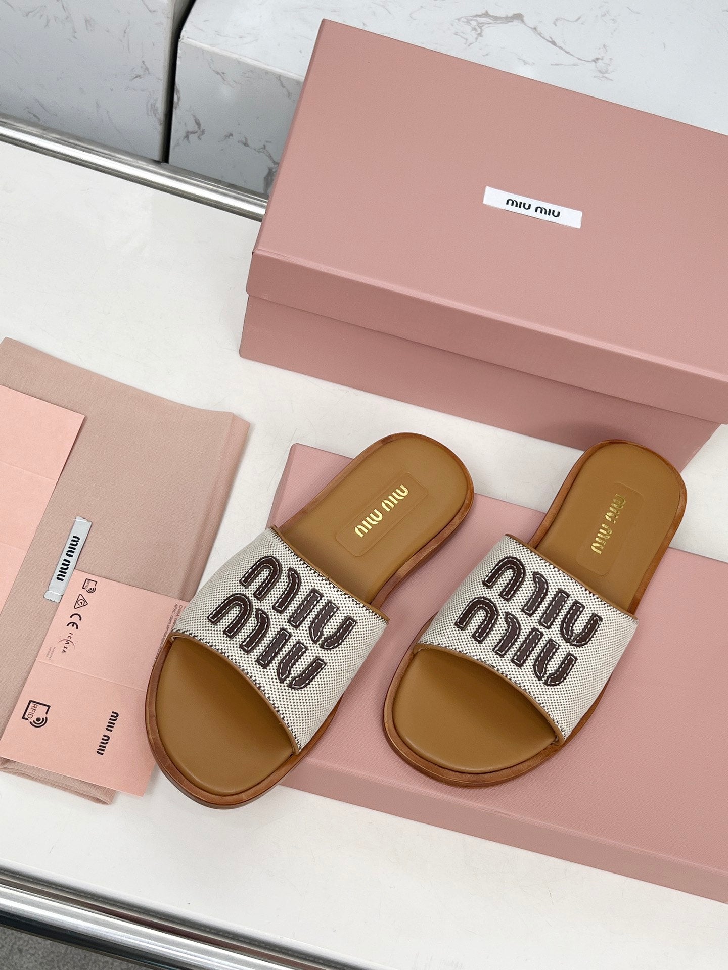 Miu Logo-Patch Slides Brown White Leather Canvas 935775