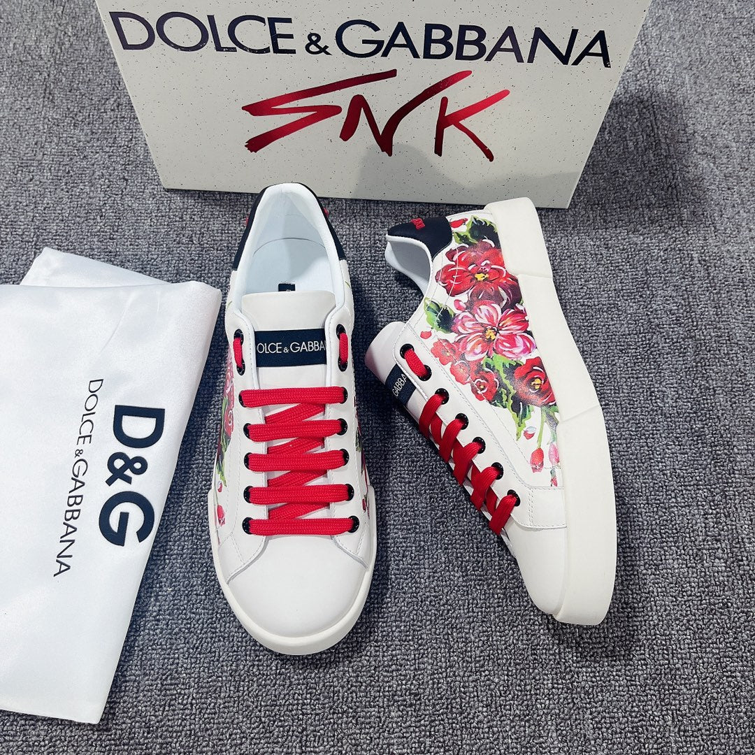 DC Portofino Sneakers White Red Floral-Print & Sheepskin 288469