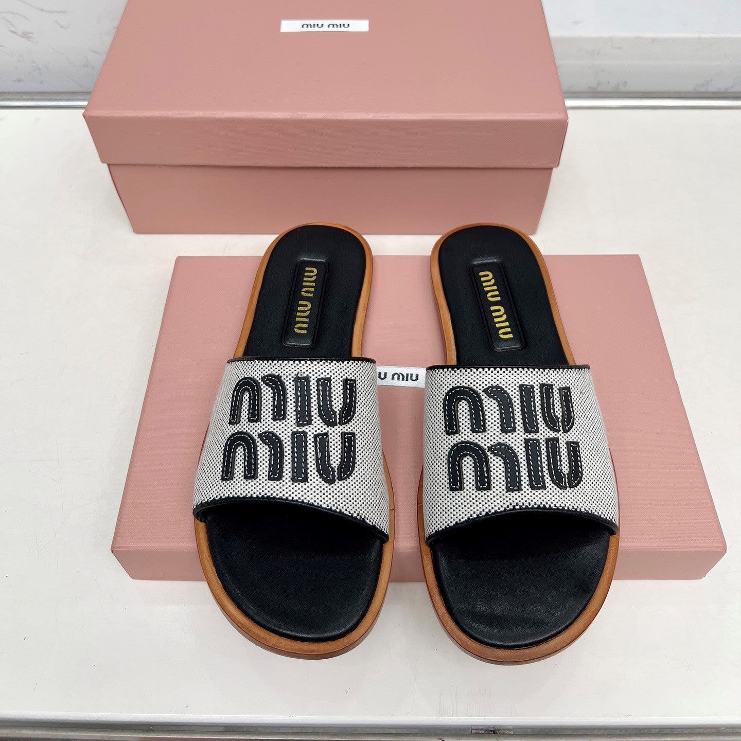 Miu Logo-Patch Slides Black White Leather Canvas 935776