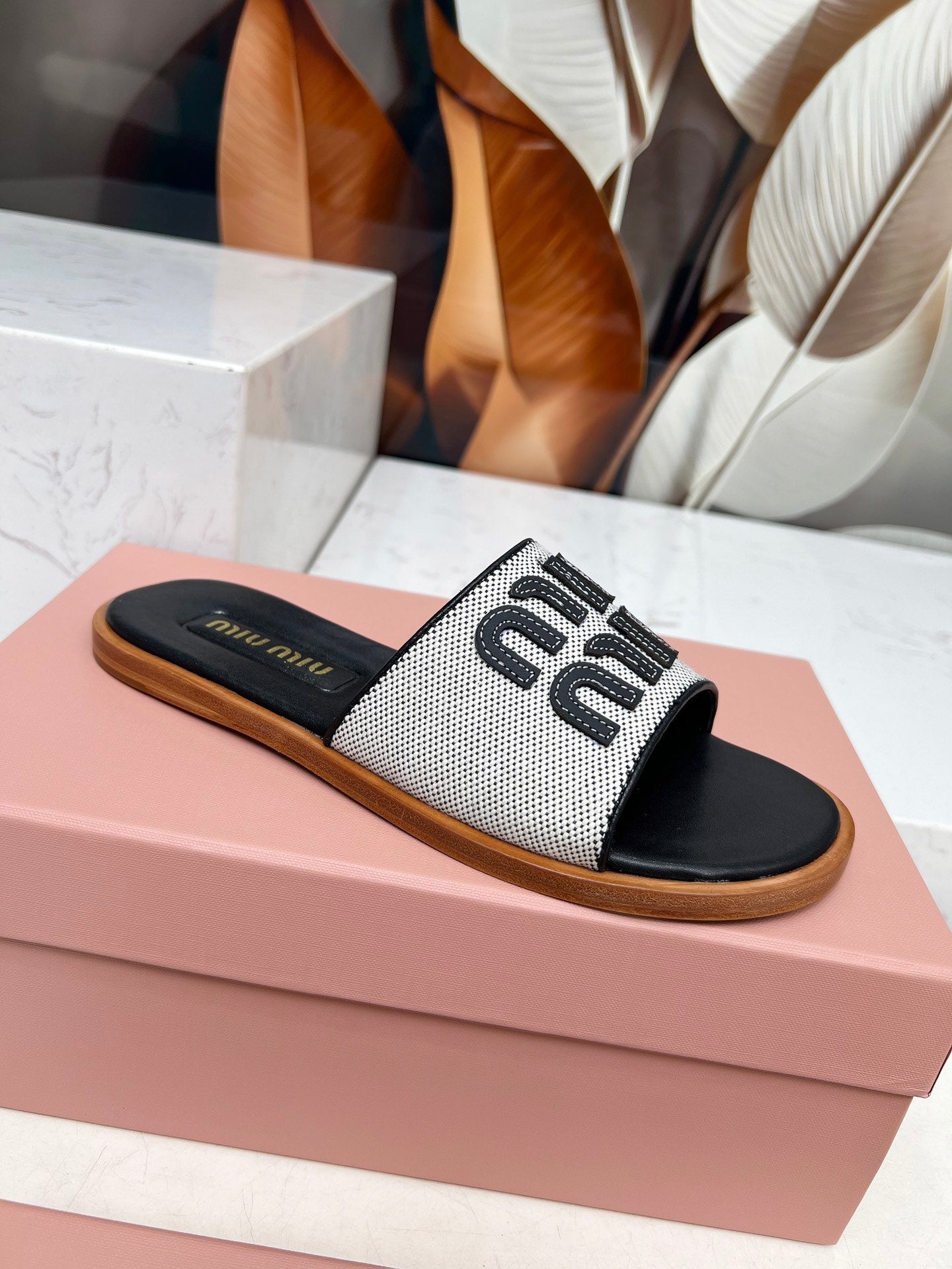 Miu Logo-Patch Slides Black White Leather Canvas 935776