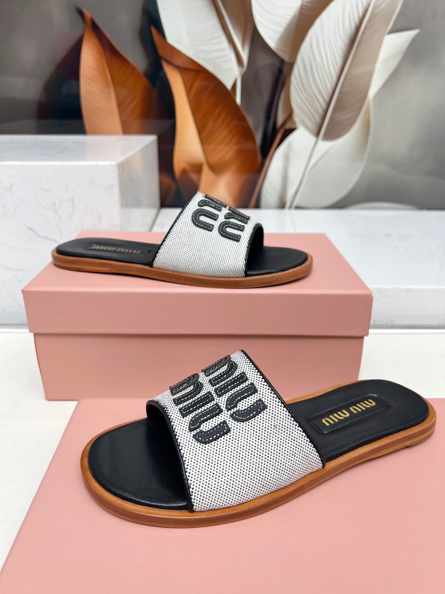 Miu Logo-Patch Slides Black White Leather Canvas 935776