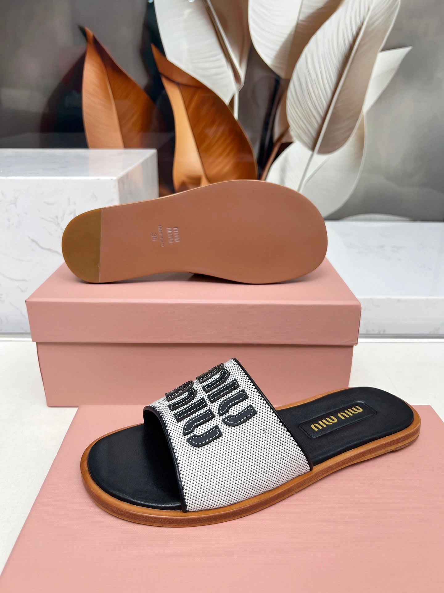 Miu Logo-Patch Slides Black White Leather Canvas 935776