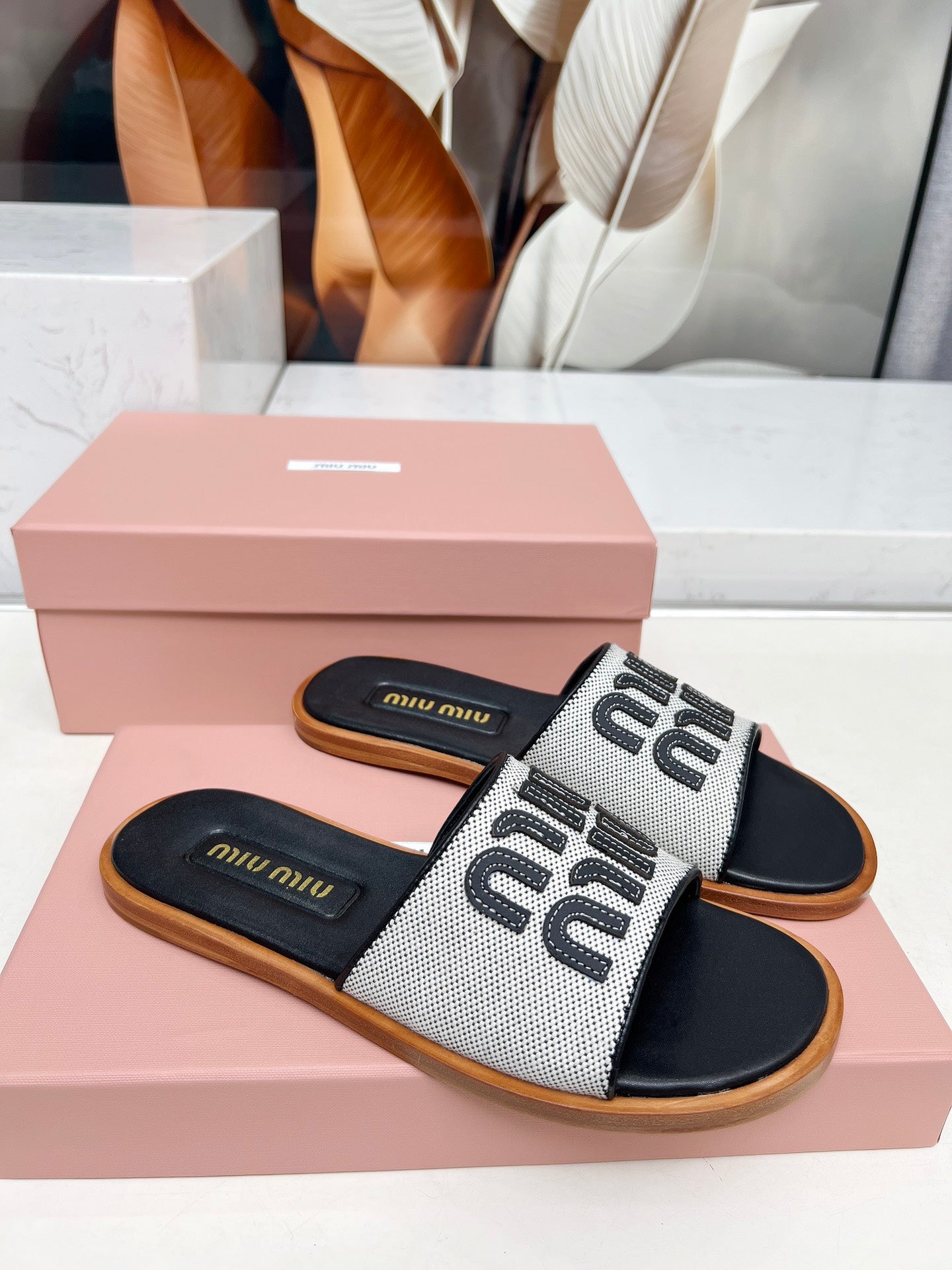 Miu Logo-Patch Slides Black White Leather Canvas 935776