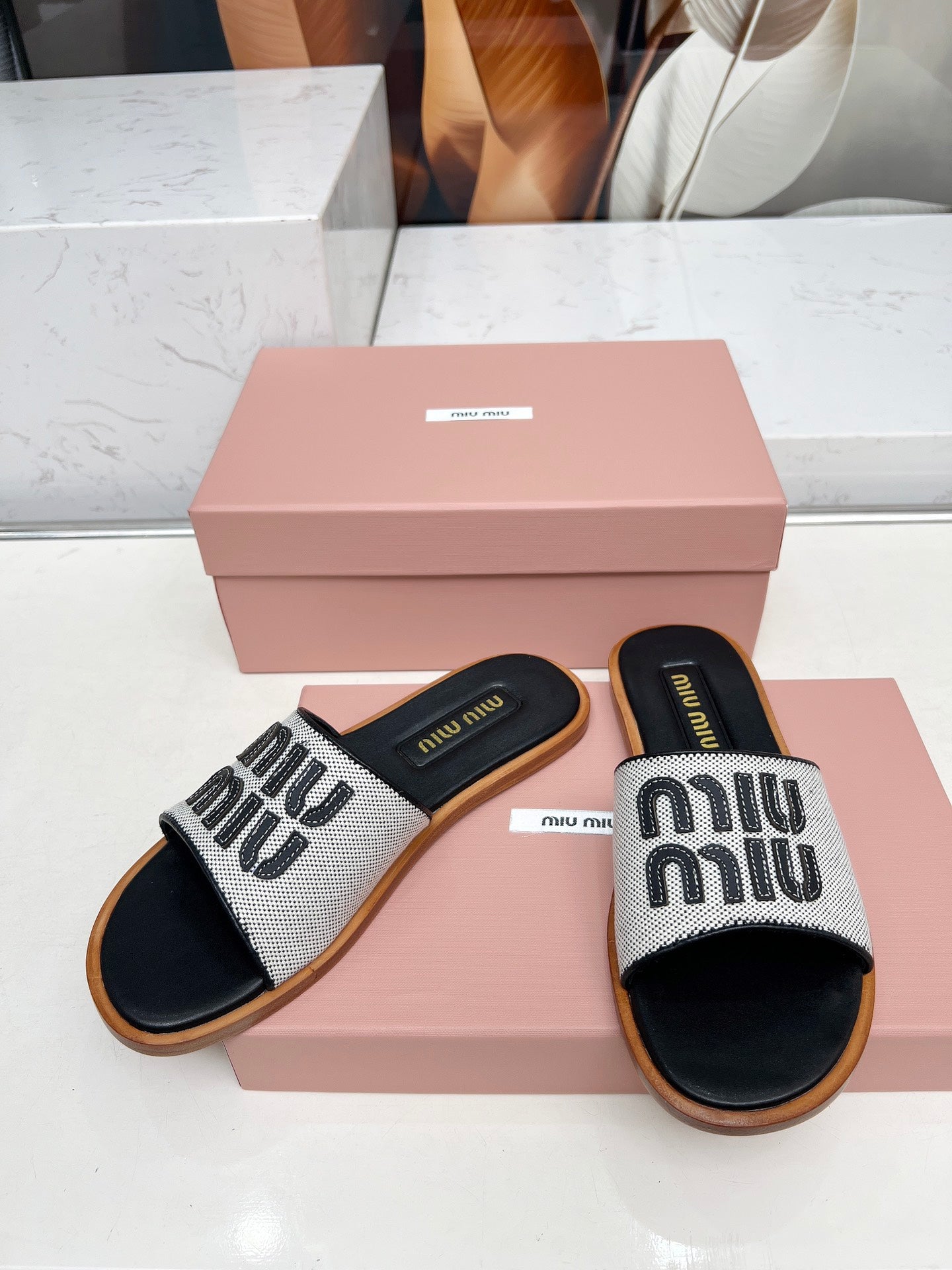 Miu Logo-Patch Slides Black White Leather Canvas 935776