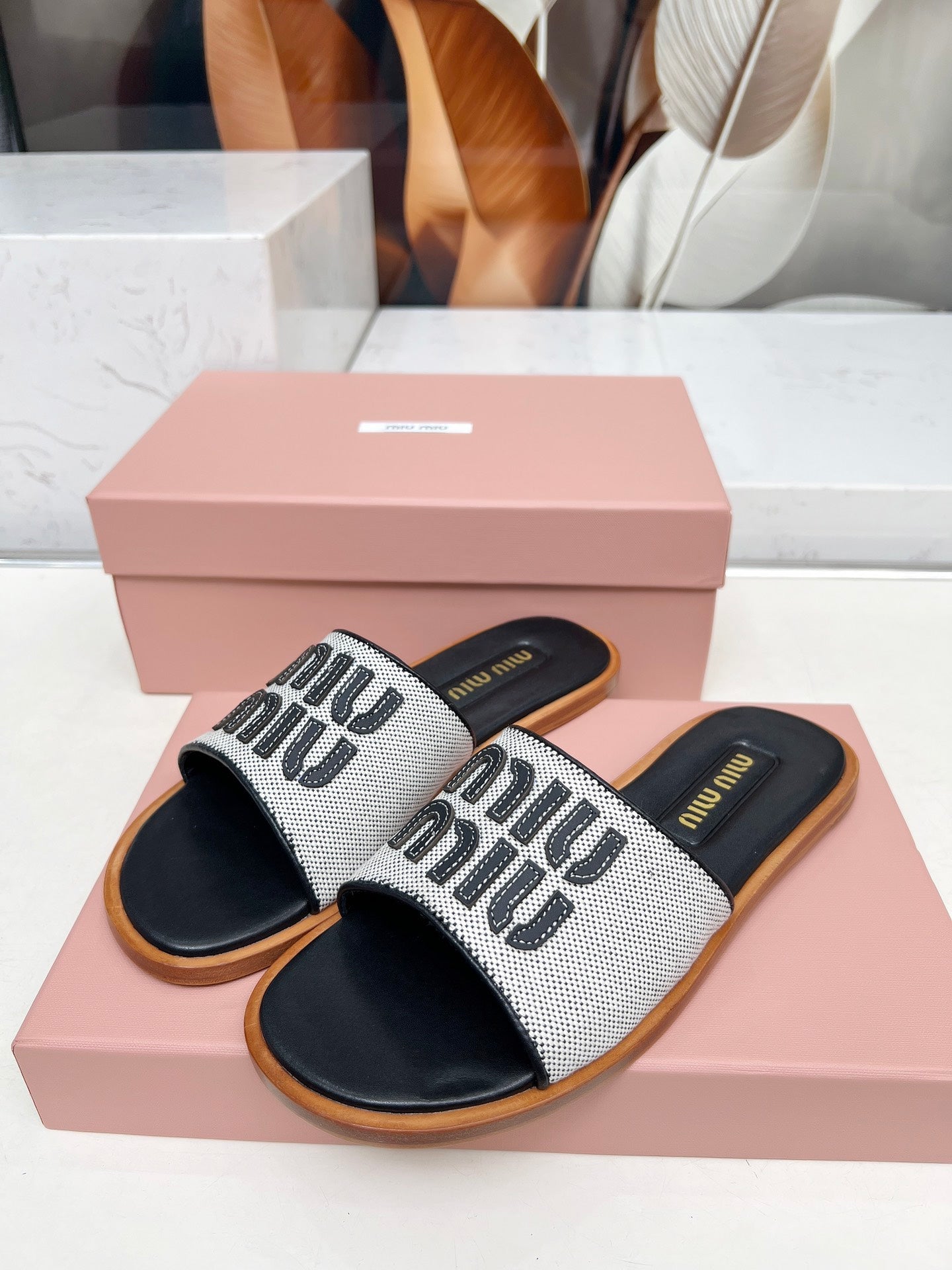 Miu Logo-Patch Slides Black White Leather Canvas 935776