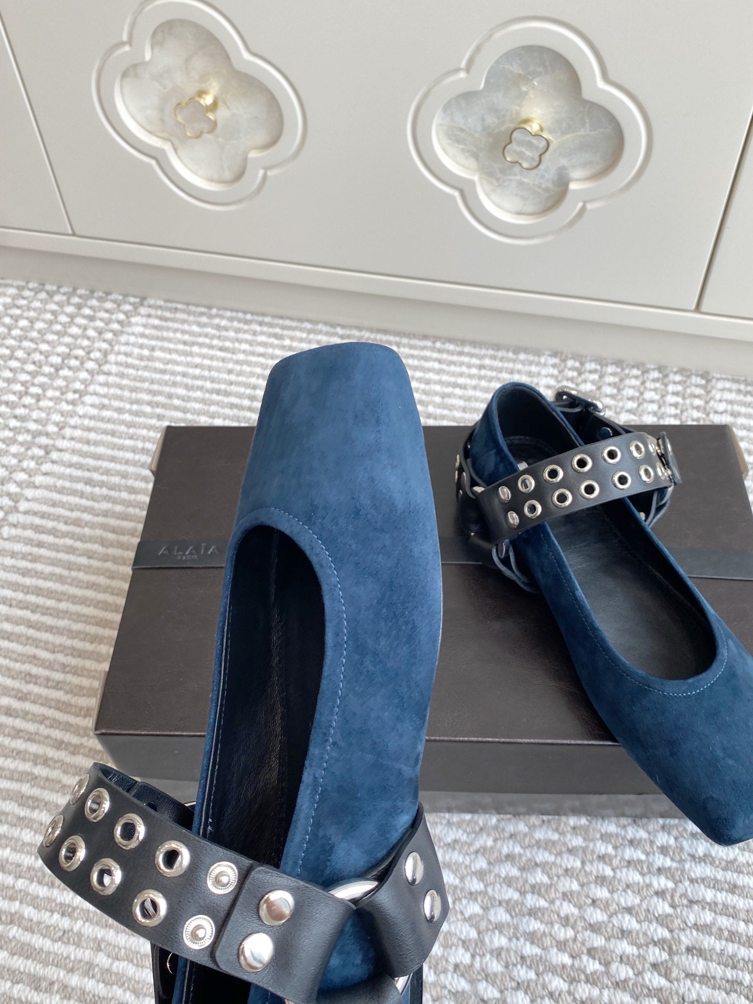 Alaia 25 Biker Ballet Flats Blue Suede 291056