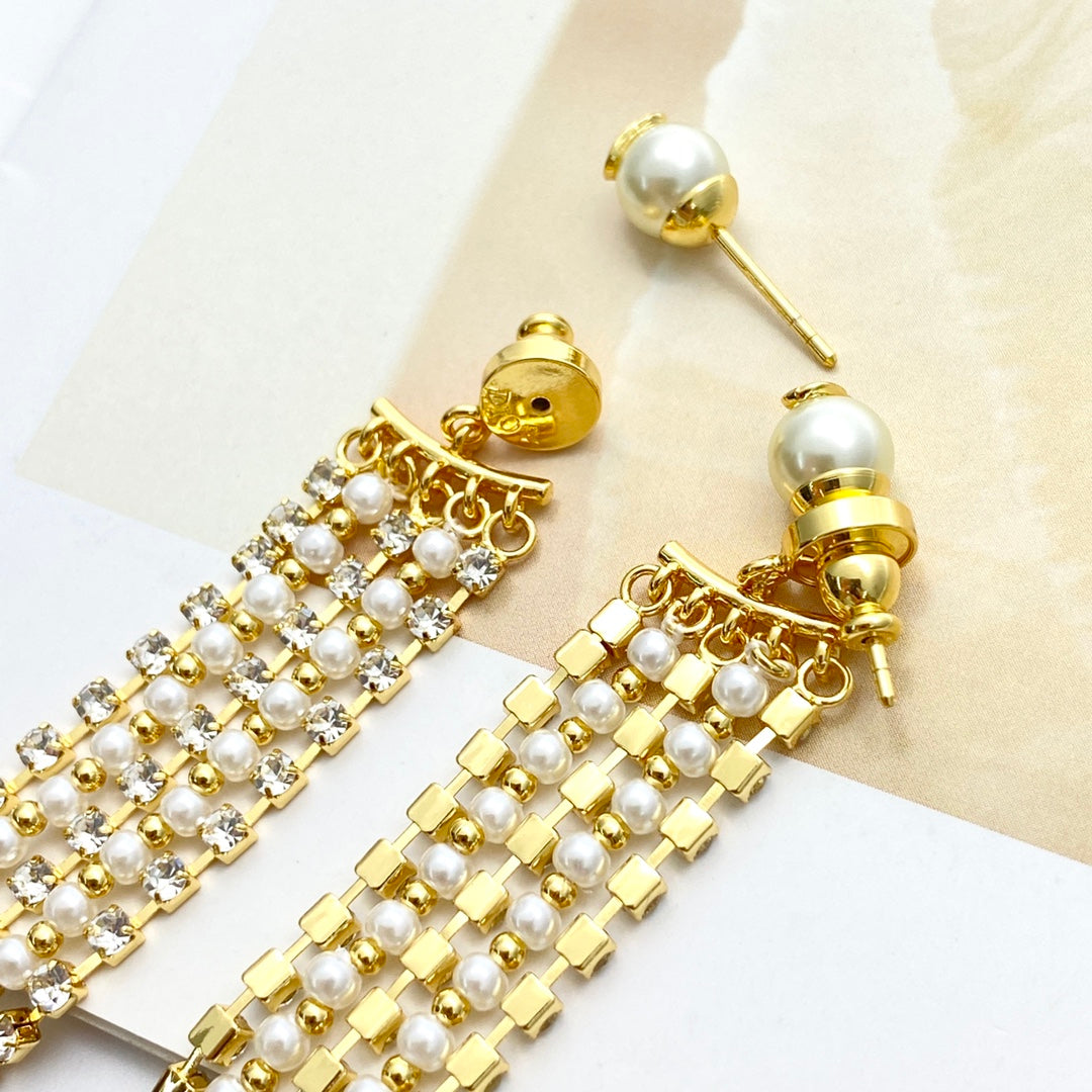 CD 26S Multi Strand Pearl Crystal Tassel Drop Earrings In Gold Metal 631775