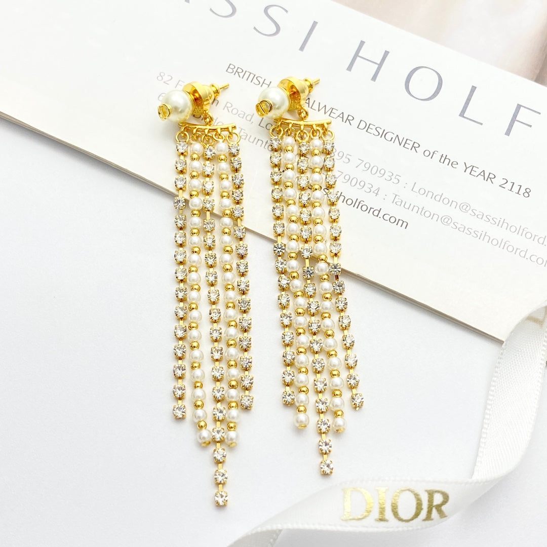 CD 26S Multi Strand Pearl Crystal Tassel Drop Earrings In Gold Metal 631775