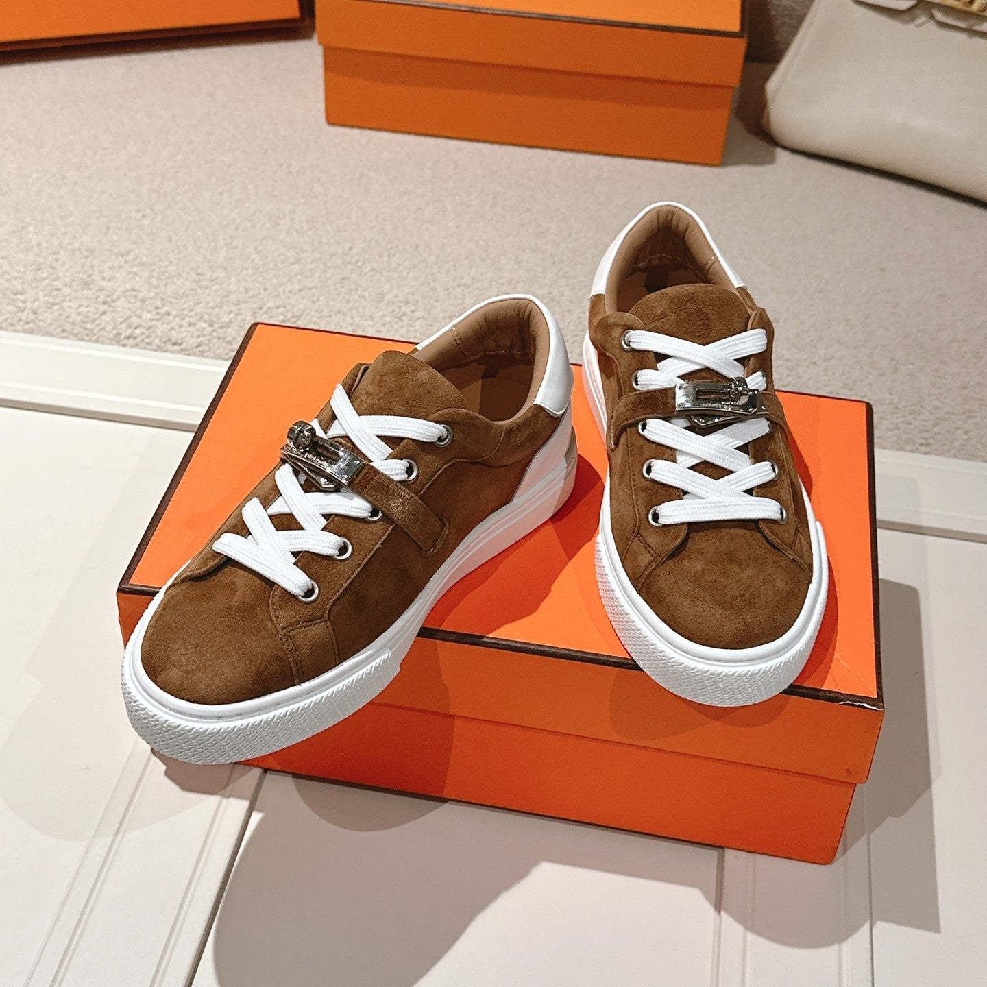 HM Day Sneakers White Dark Brown Suede Calfskin 577511