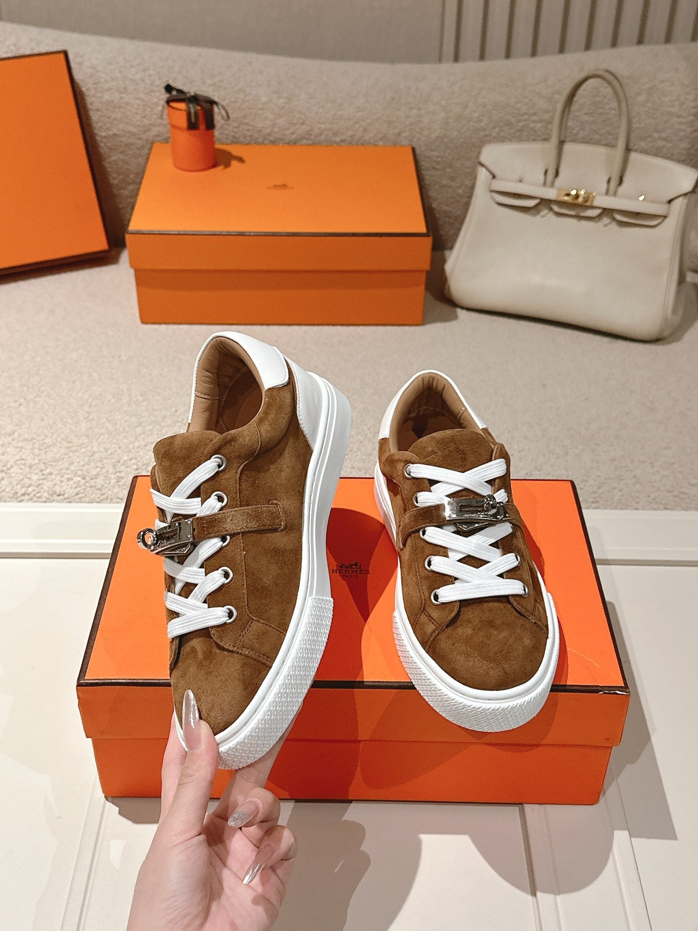 HM Day Sneakers White Dark Brown Suede Calfskin 577511