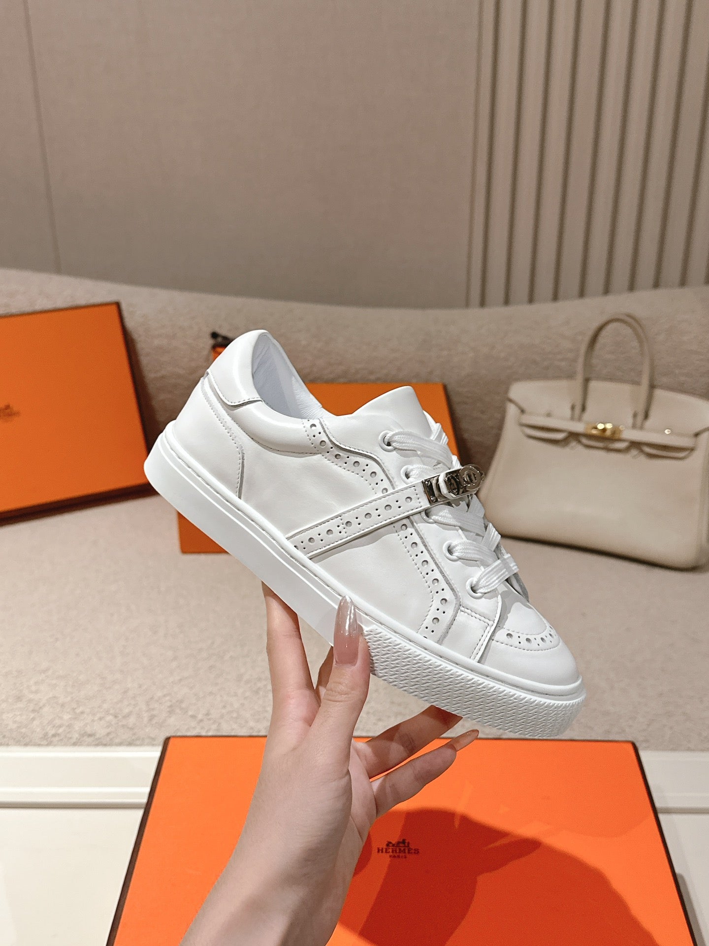HM Day Sneakers With Perforated Strap White Calfskin 577513