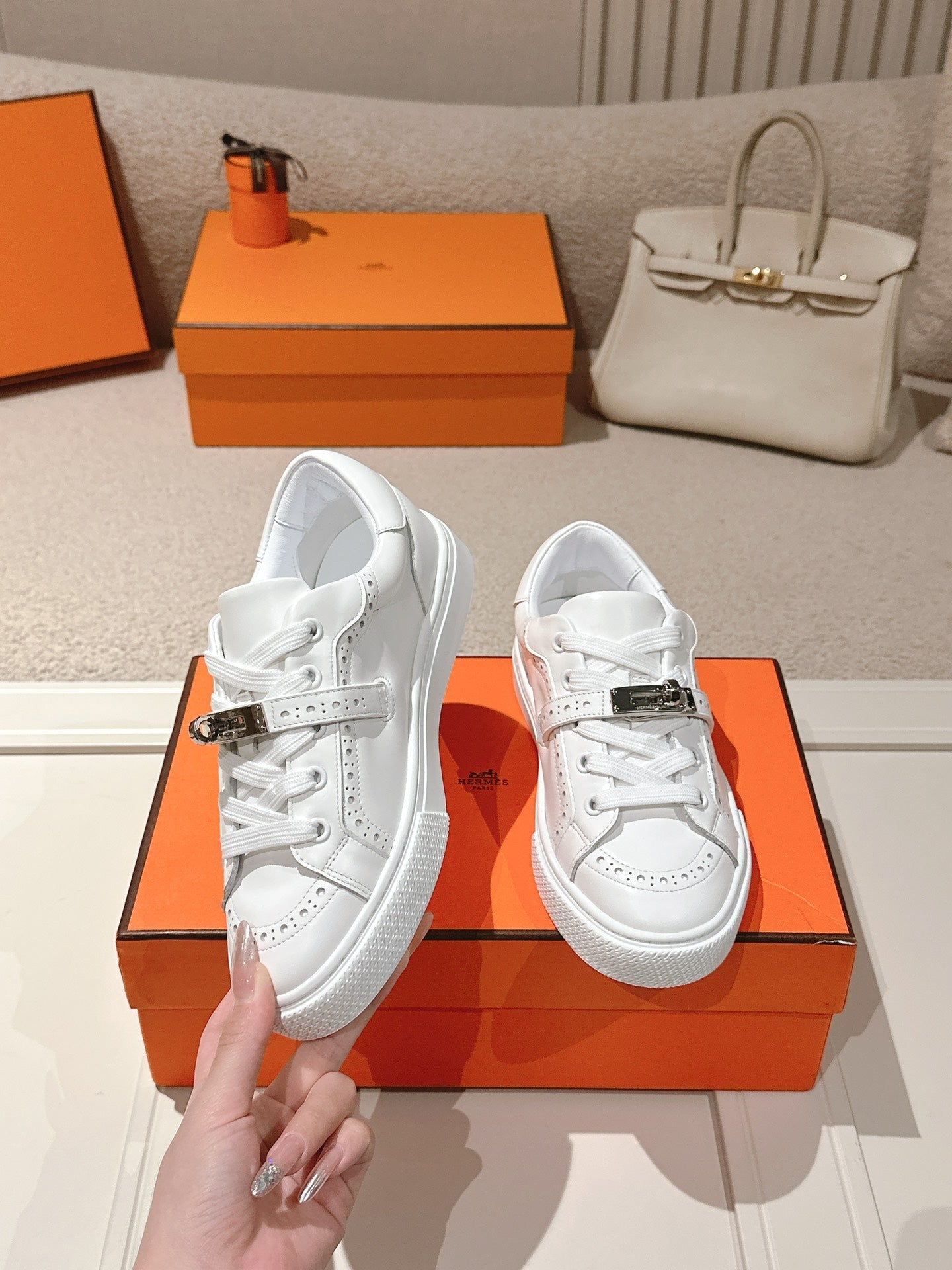 HM Day Sneakers With Perforated Strap White Calfskin 577513