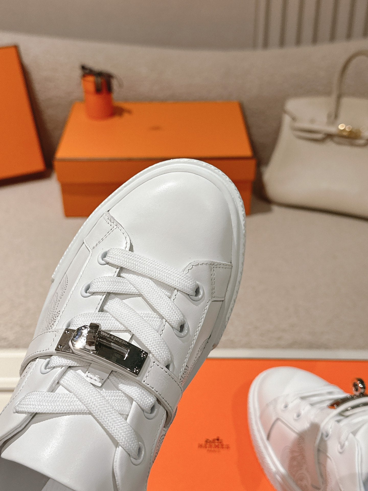 HM Day Sneakers White Panoplie Equestre Perforated Calfskin 577514