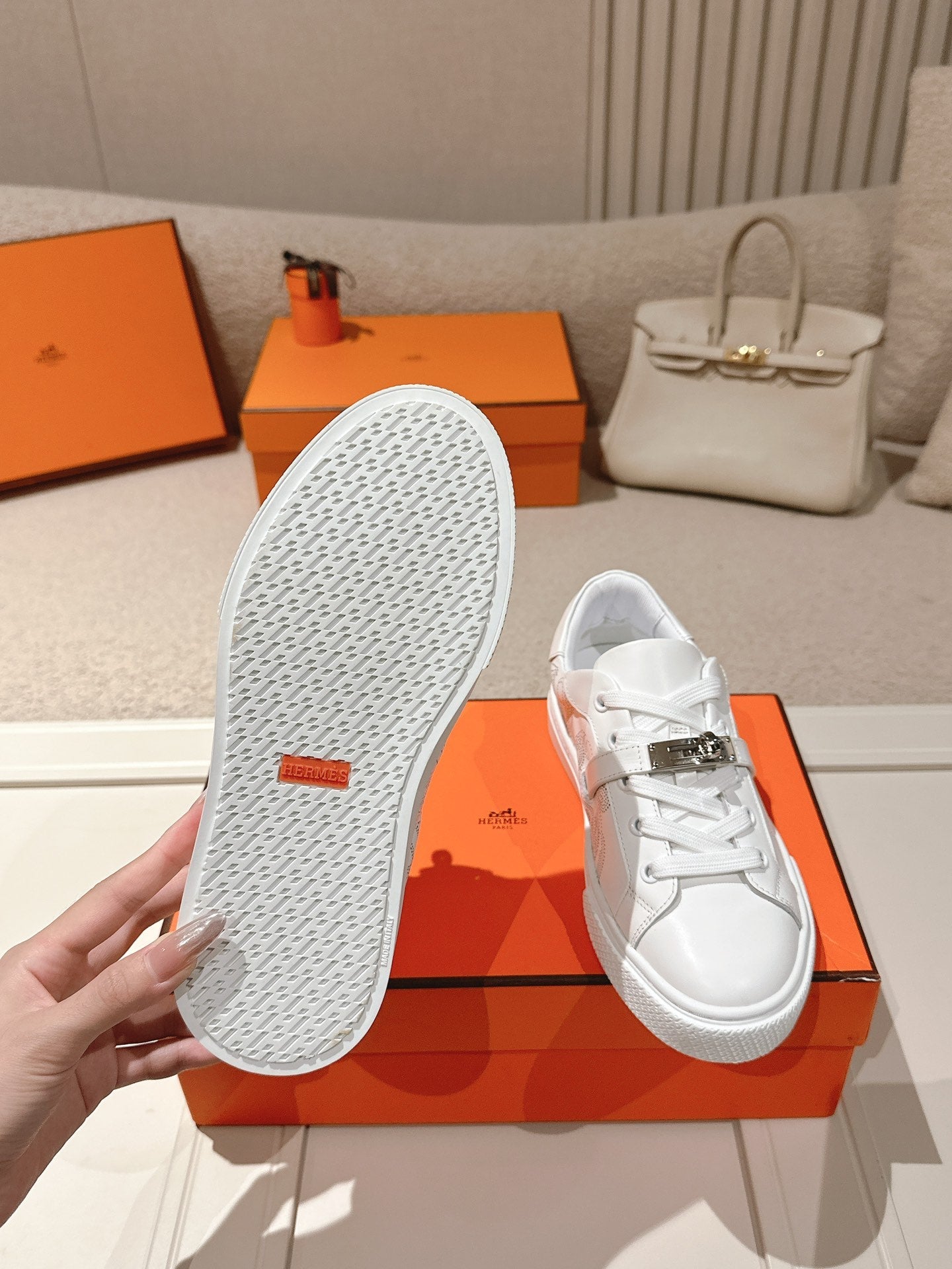 HM Day Sneakers White Panoplie Equestre Perforated Calfskin 577514