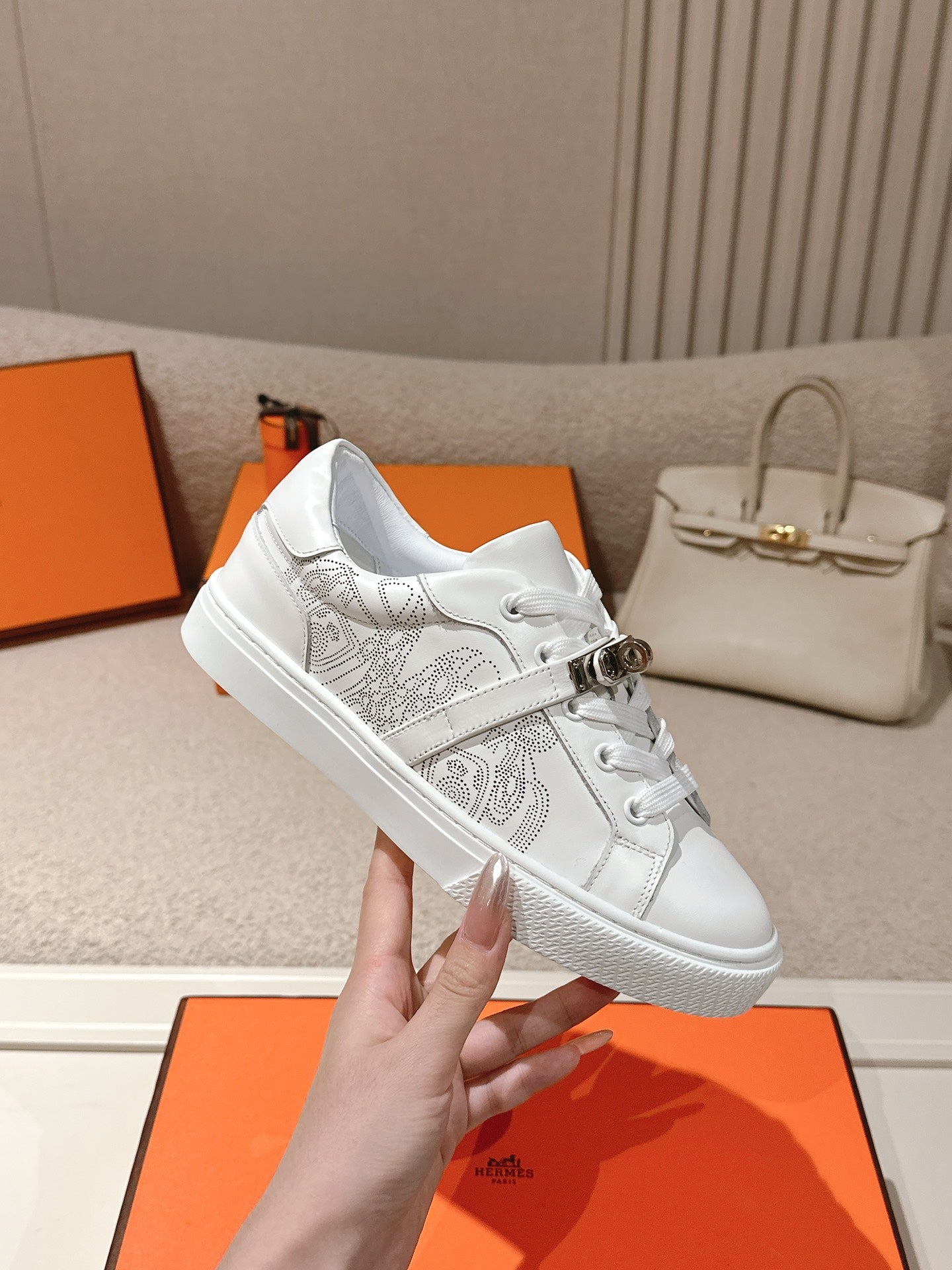 HM Day Sneakers White Panoplie Equestre Perforated Calfskin 577514