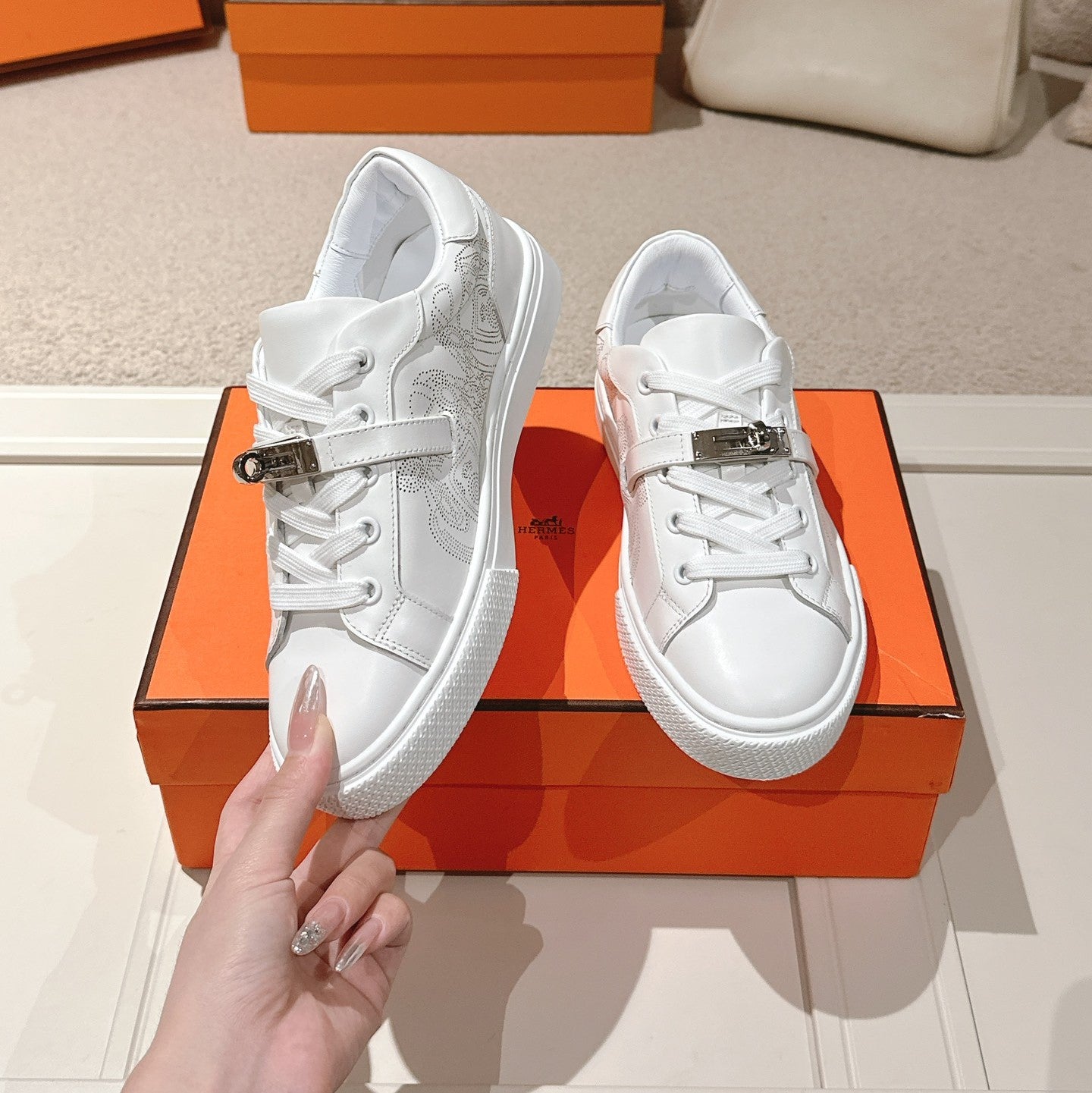 HM Day Sneakers White Panoplie Equestre Perforated Calfskin 577514