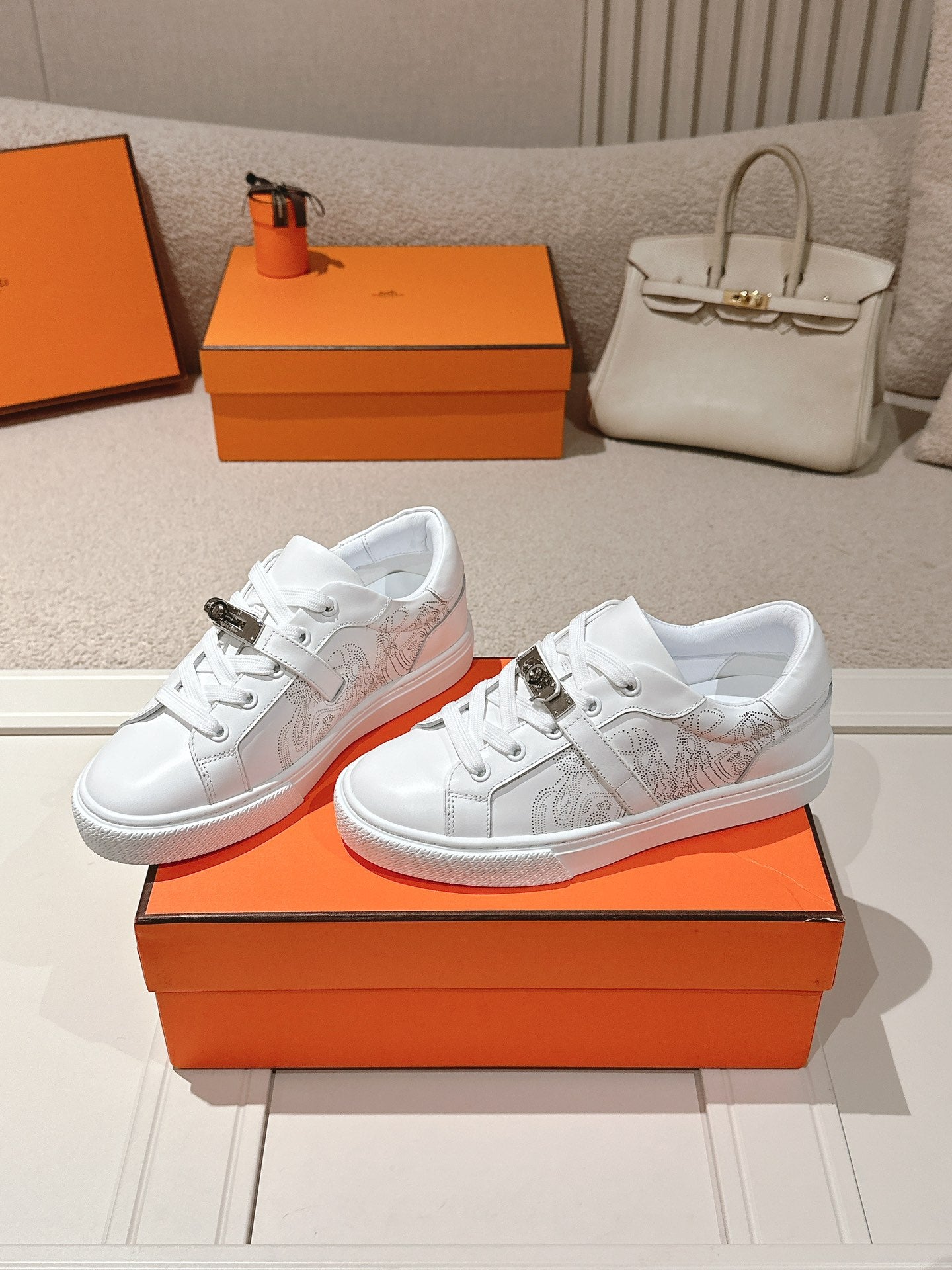 HM Day Sneakers White Panoplie Equestre Perforated Calfskin 577514