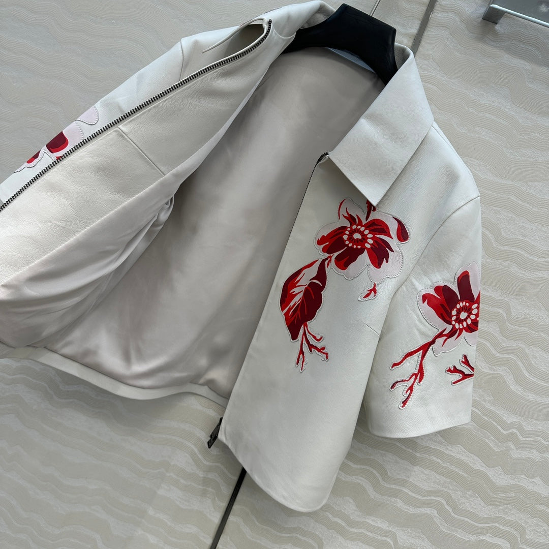 Fendi 26s Floral Inlay Cropped Leather Jacket White Lambskin 427220