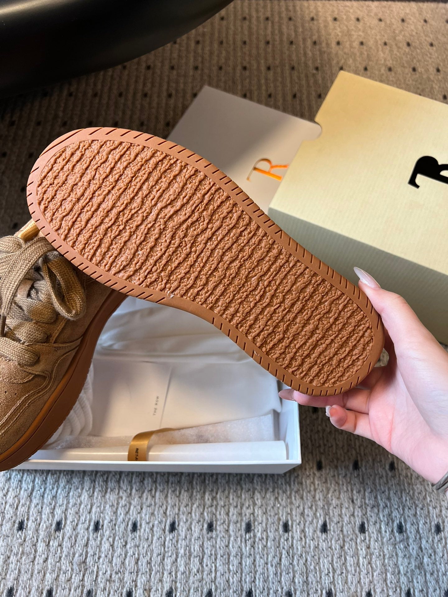 The Row 2025 Smiley Face Sneaker Tan Suede 561651