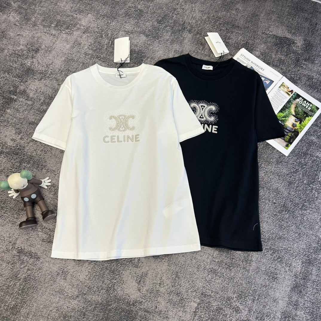 Celine Triomphe Studs T-shirt Black White Cotton 350643