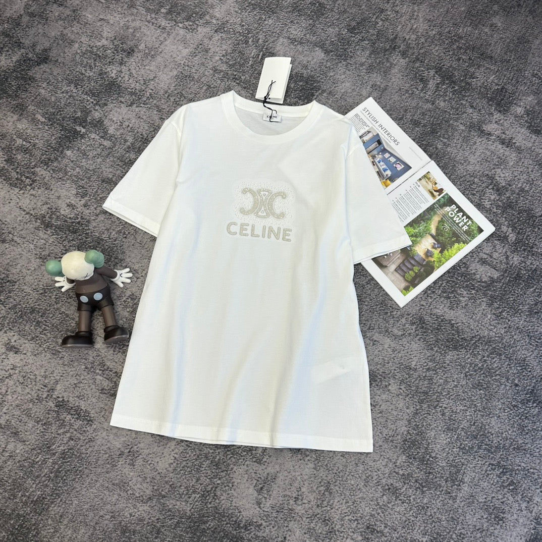 Celine Triomphe Studs T-shirt Black White Cotton 350643