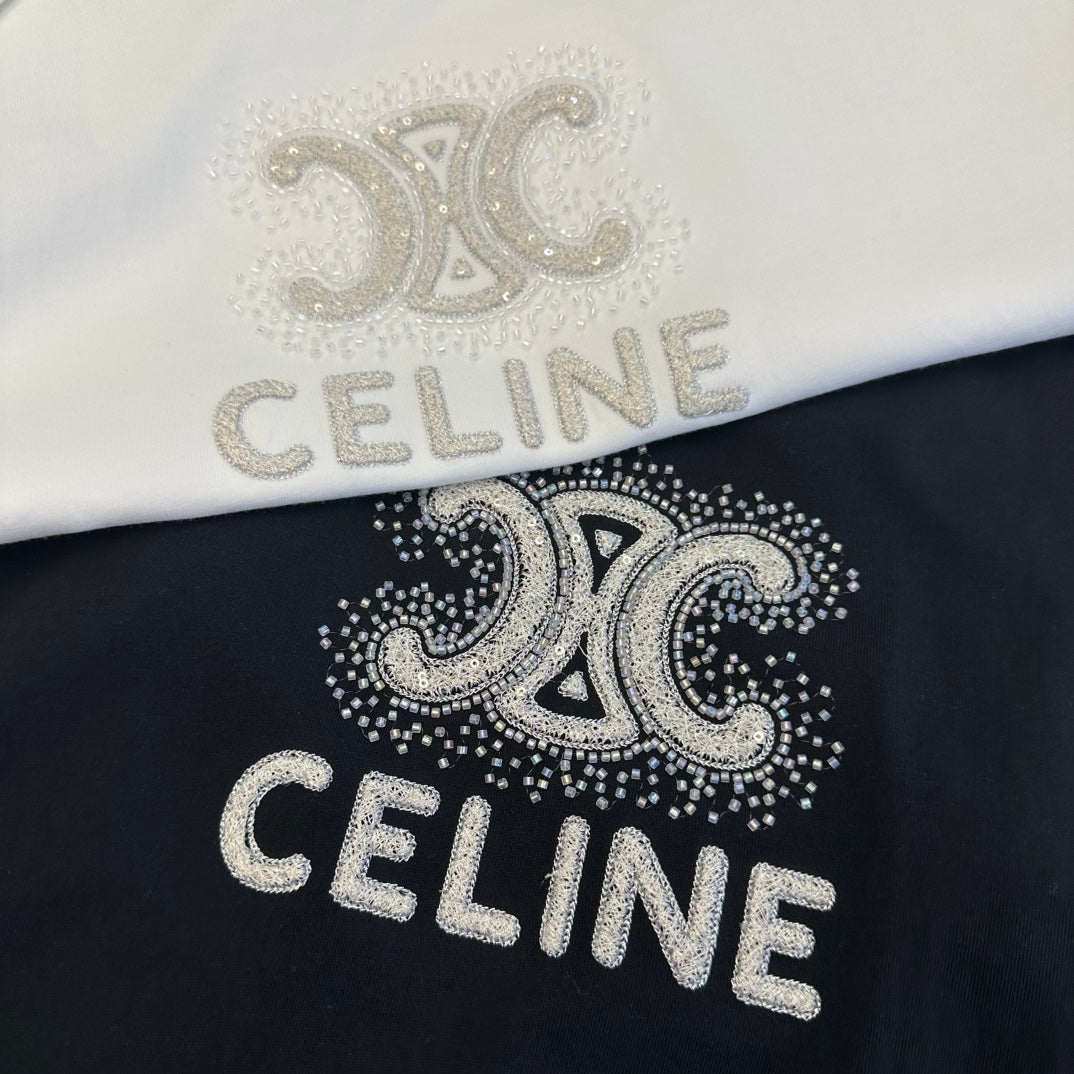 Celine Triomphe Studs T-shirt Black White Cotton 350643