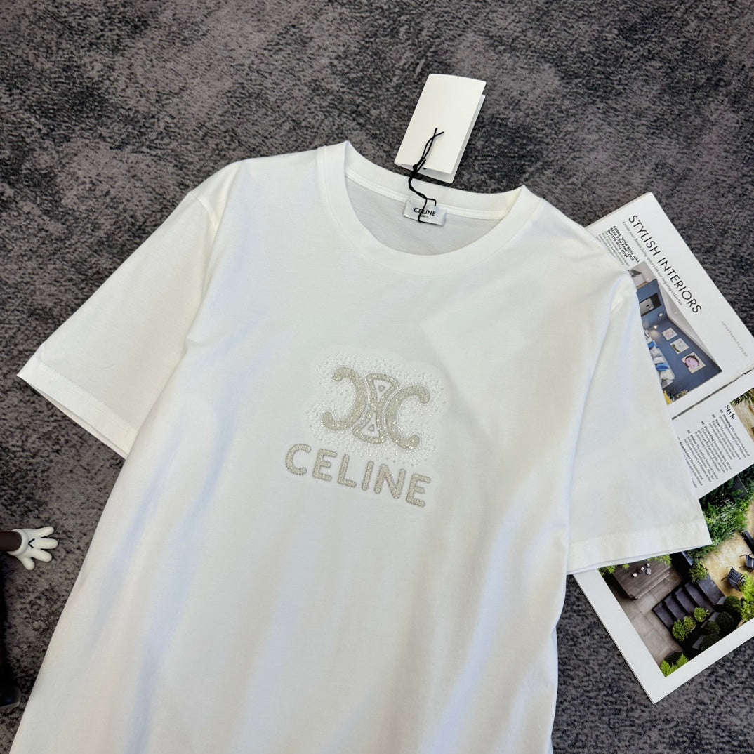 Celine Triomphe Studs T-shirt Black White Cotton 350643