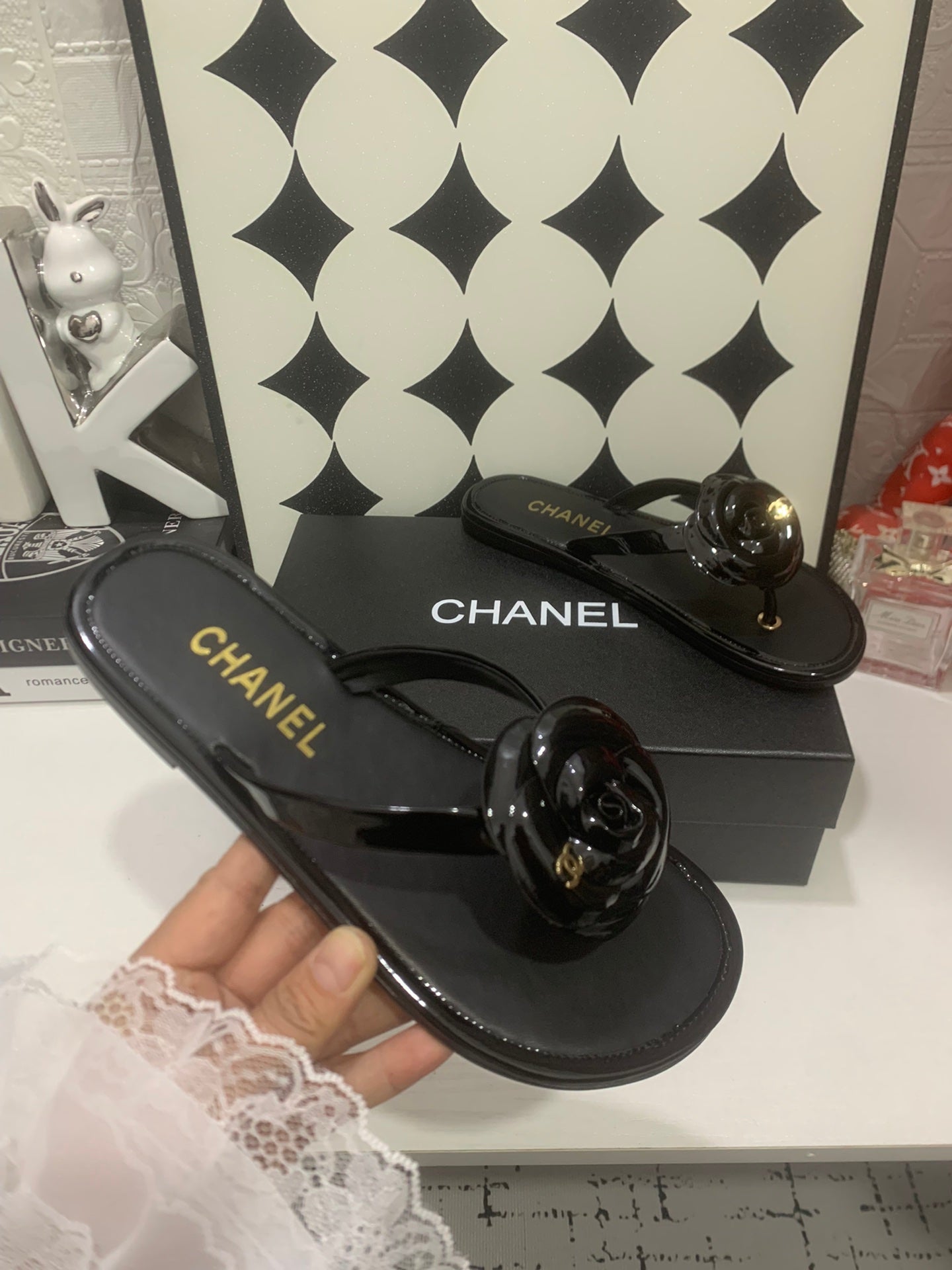 Chanel 26S Thong Sandals In Black Lambskin With Floral