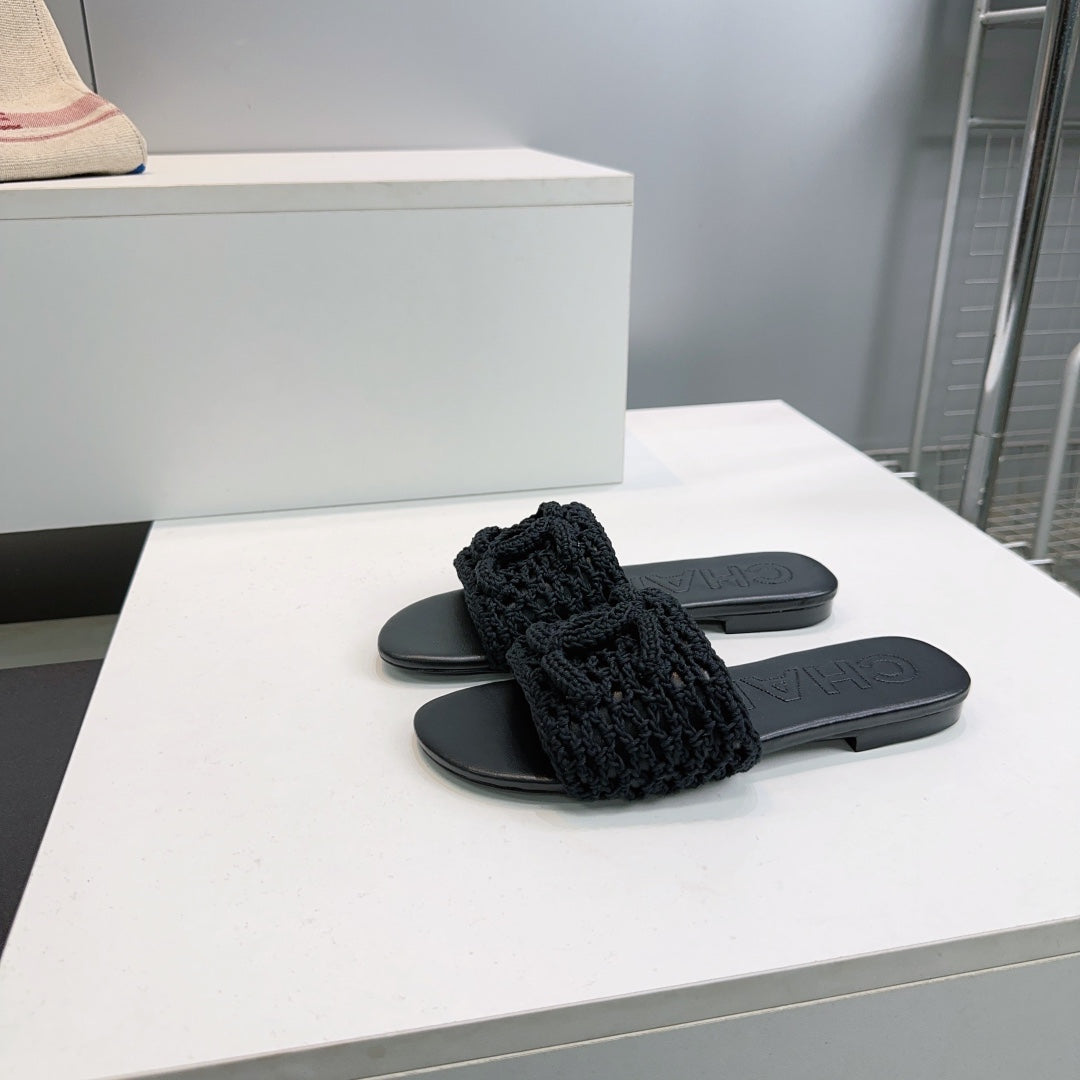 CC Flat Sandals Black Knitted Sheepskin 628641