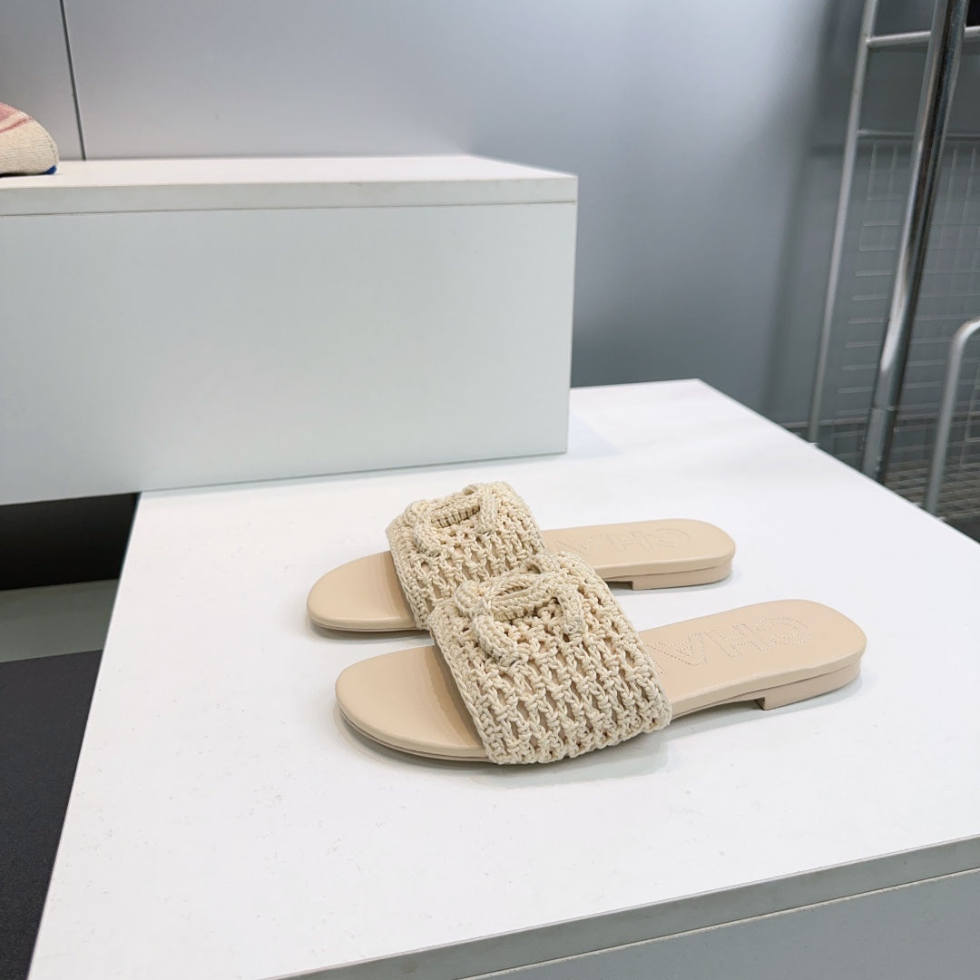 CC Flat Sandals Beige Knitted Sheepskin 628643