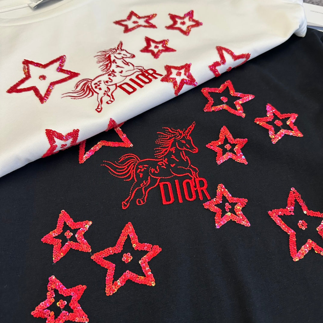 CD SS26 Embroidery Unicorn Stars T-shirt Cotton 350679