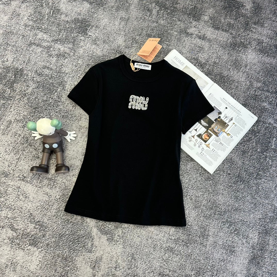 Miu SS26 Crystals Logo Embroidery T-shirt Cotton 350561