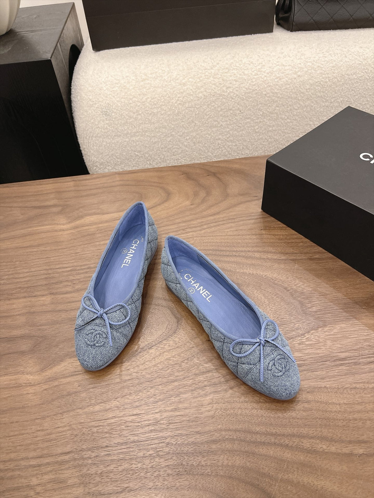 Chanel 26s Ballet Flats Blue Denim CC Logo Bow Detail