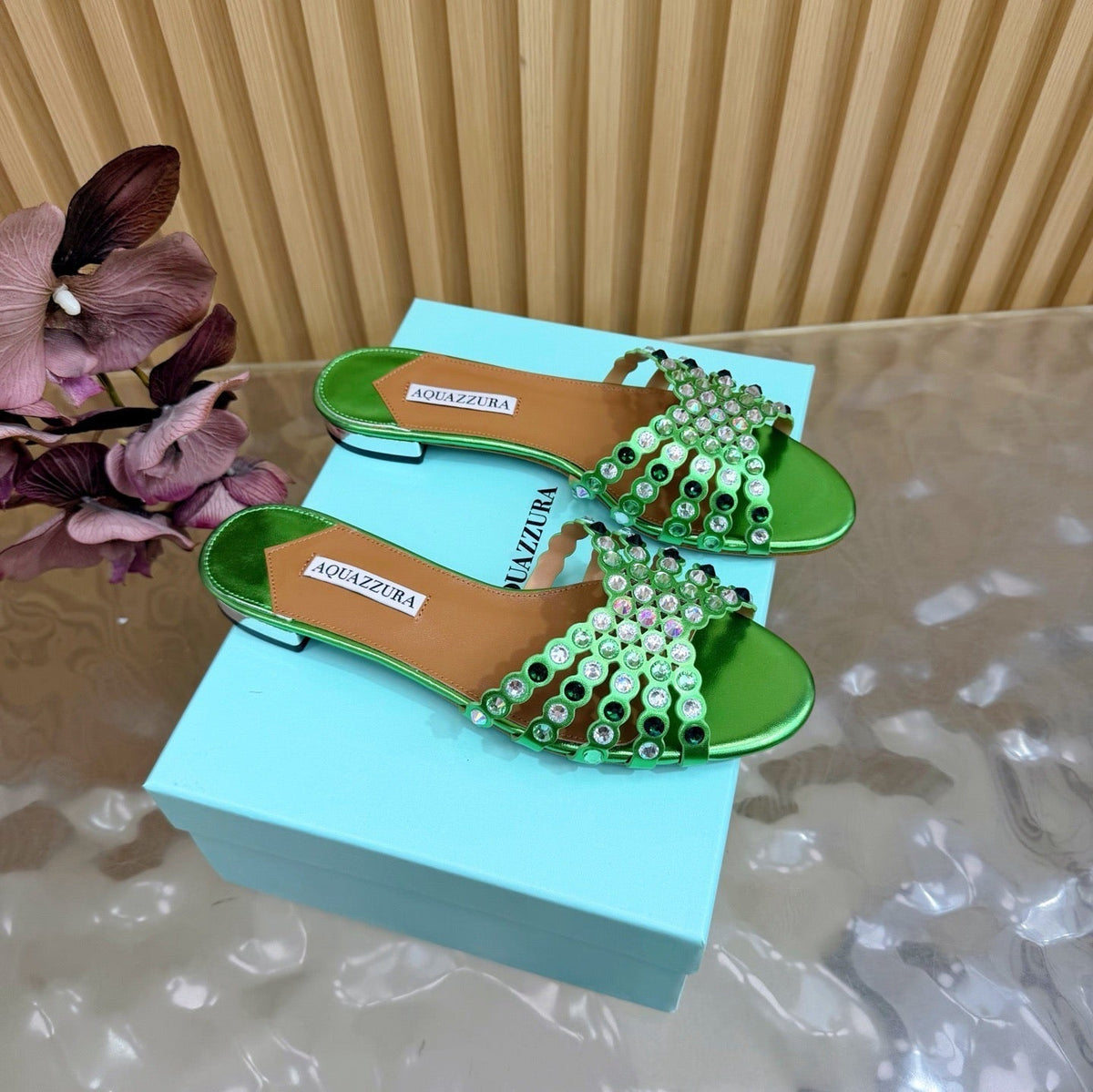 Aquazzura 26s Slides Green Lambskin Crystal Embellished 741935