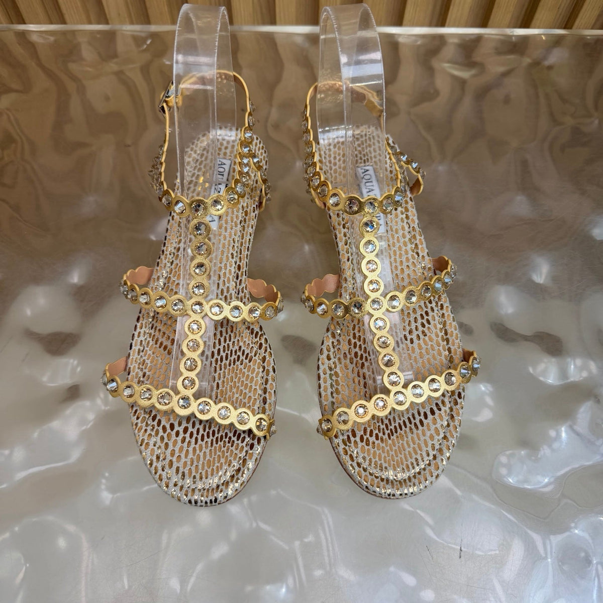 Aquazzura 26s Flat Sandals Gold Snakeskin Crystal Embellished 620483