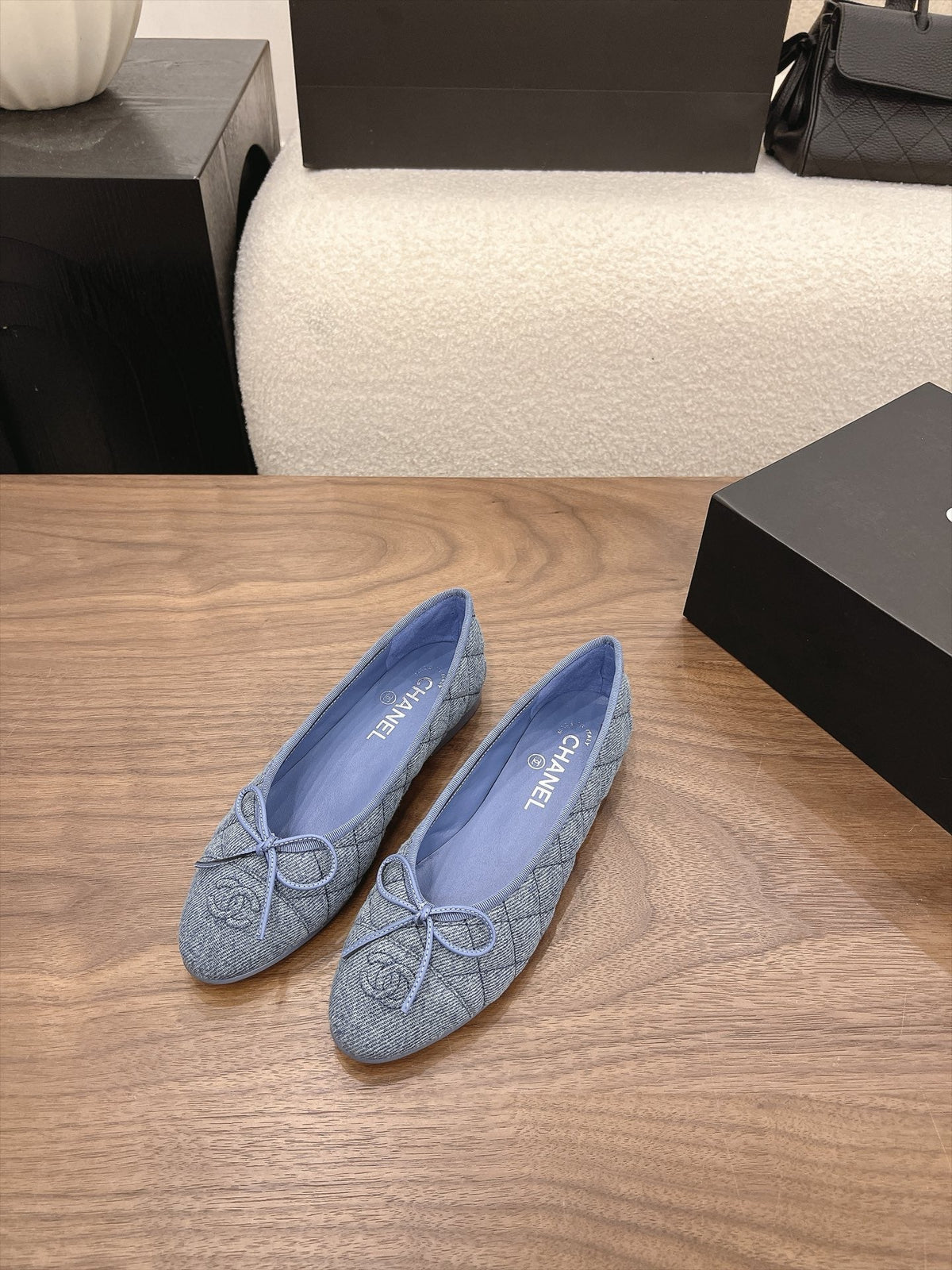Chanel 26s Ballet Flats Blue Denim CC Logo Bow Detail