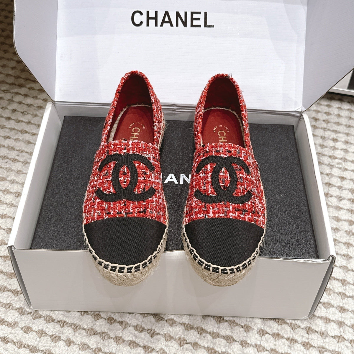 CC 26S Slip-Ons in Red Mix Black Tweed and Patent Calfskin