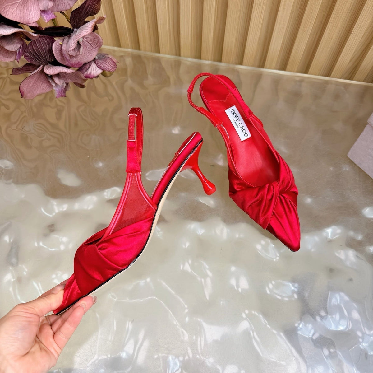Jimmy Choo 26S Slingback Heels 6.0cm Red Satin With Knot Detail 491375