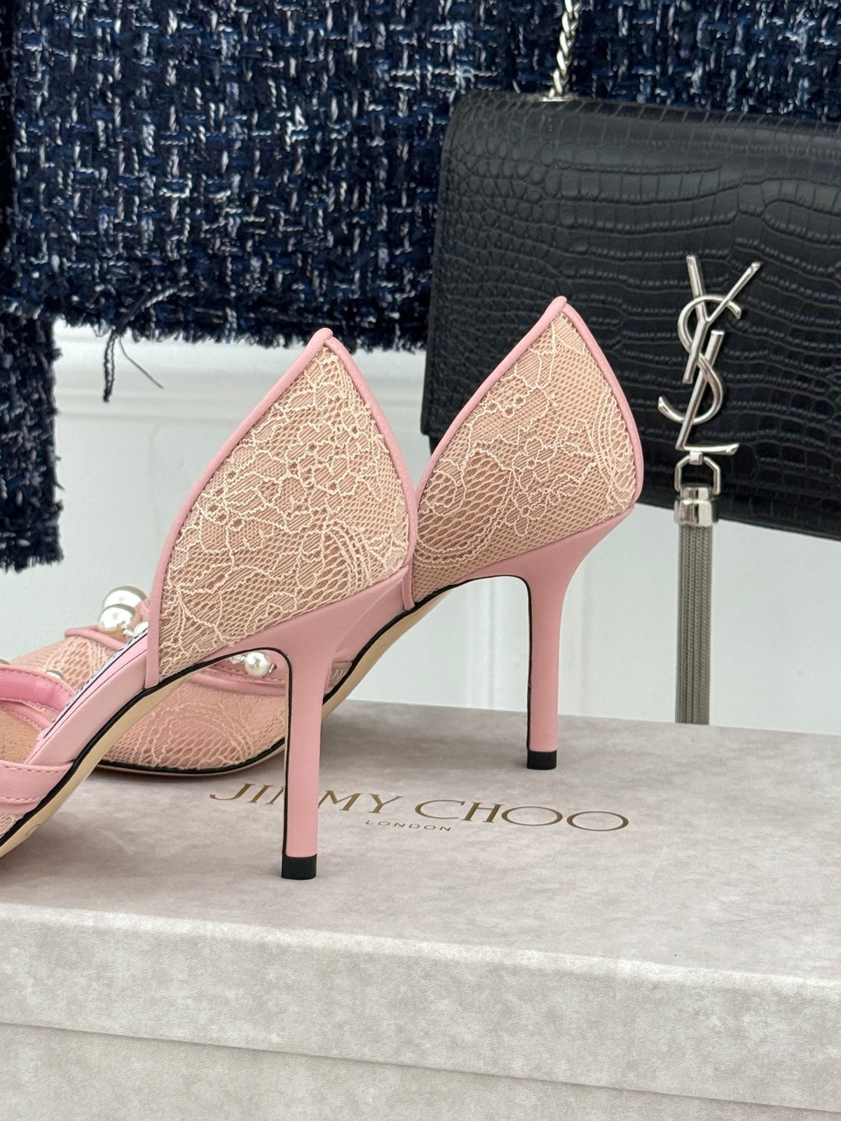 Jimmy Choo 26S High Heels 8.5cm Light Pink Lace Pearl-Embellished 271493