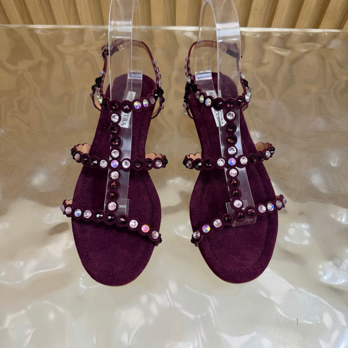 Aquazzura 26s Flat Sandals Burgundy Suede Crystal Embellished 482159