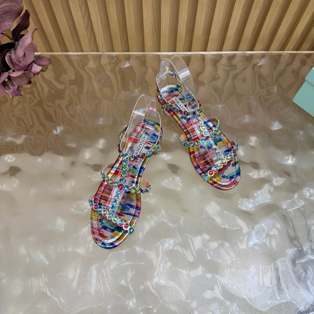 Aquazzura 26s Flat Sandals Multicolor Snakeskin Crystal Embellished 628314