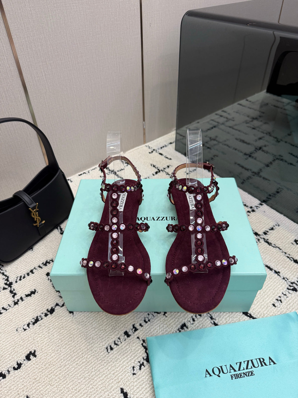 Aquazzura 26s Flat Sandals Dark Red Suede Crystal-Embellished 824195