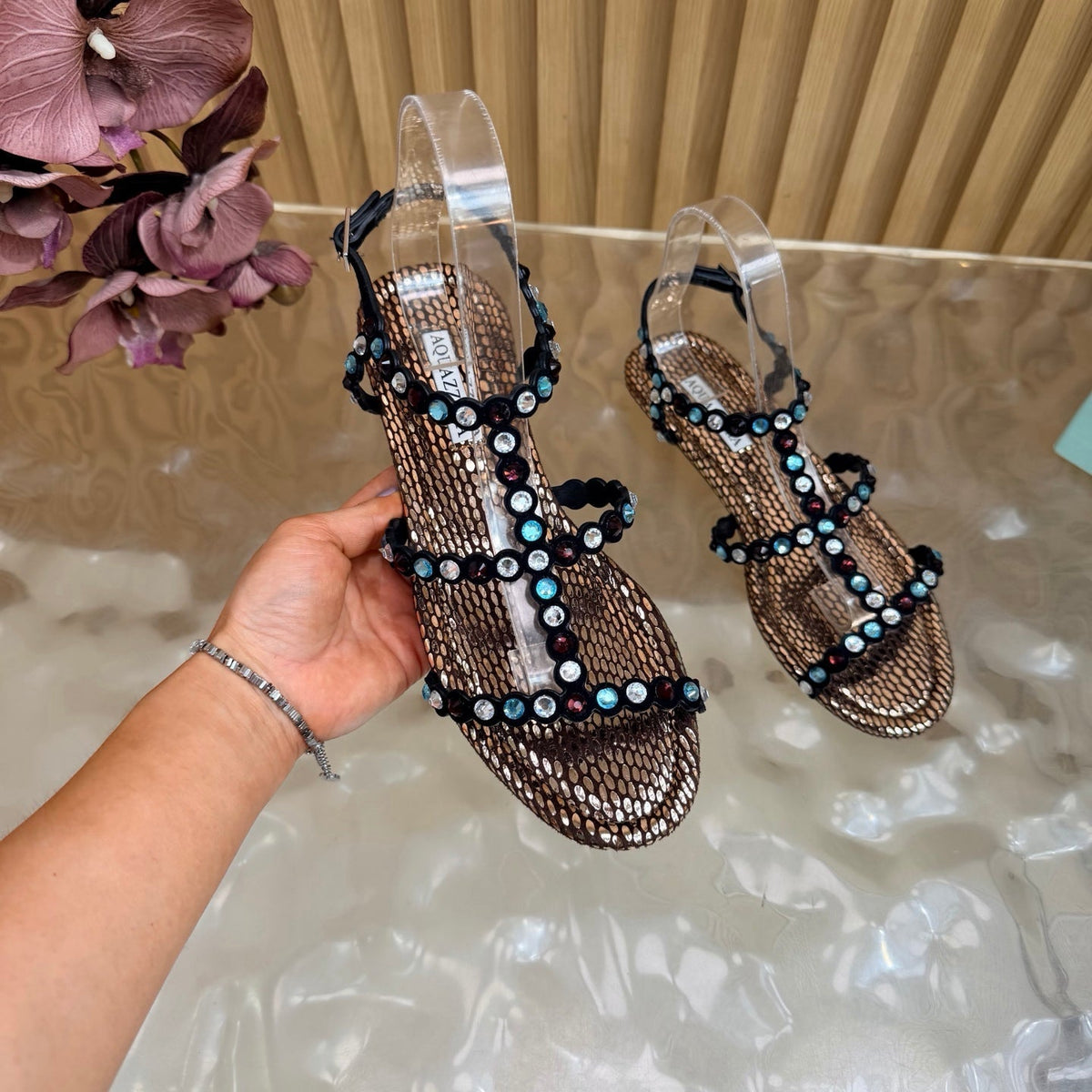 Aquazzura 26s Flat Sandals Bronze Metallic Snakeskin Crystal Embellished 831495