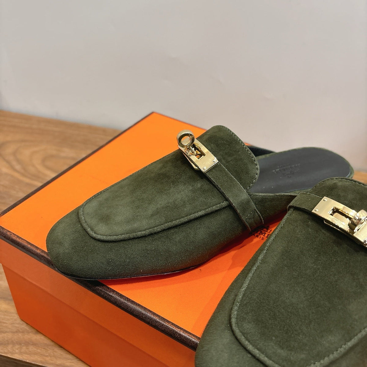 HM 26s Oz Mule Dark Olive Green Suede Gold Hardware