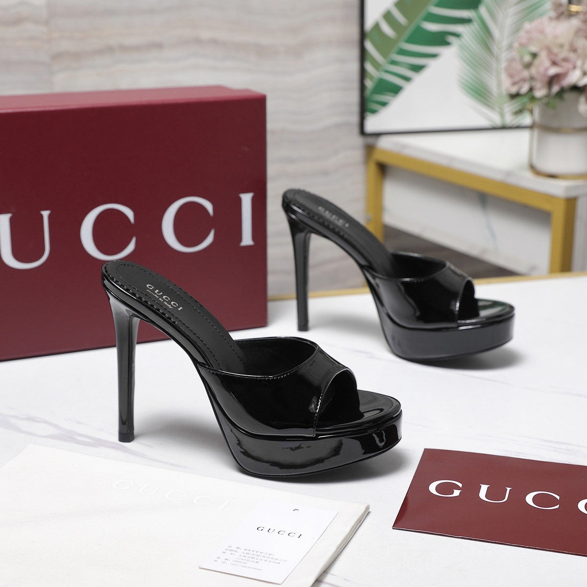 Gucci 26s Heeled Slide Sandals 12cm Black Patent Calfskin