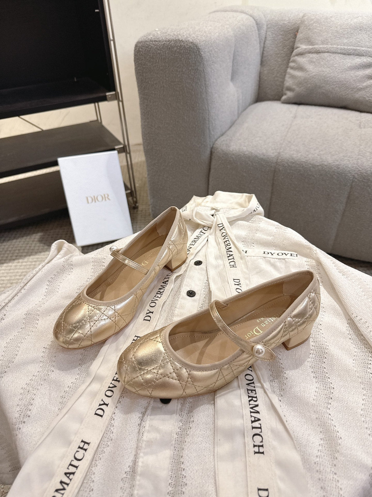 Dior 26s Mary Jane Pumps Gold Lambskin Pearl-Adorned Strap