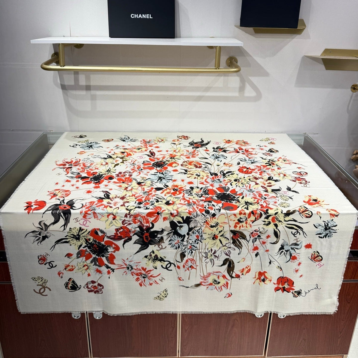 Chanel 2026 Square Scarf 140cm Red White Cashmere Silk 218853